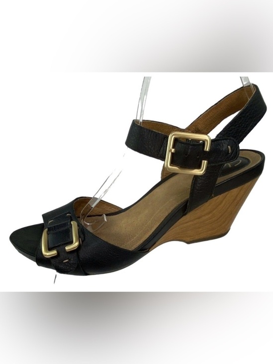 Clarks Shoes - Clarks Black Leather Cross-Strap Sandals with Gold Buckles
